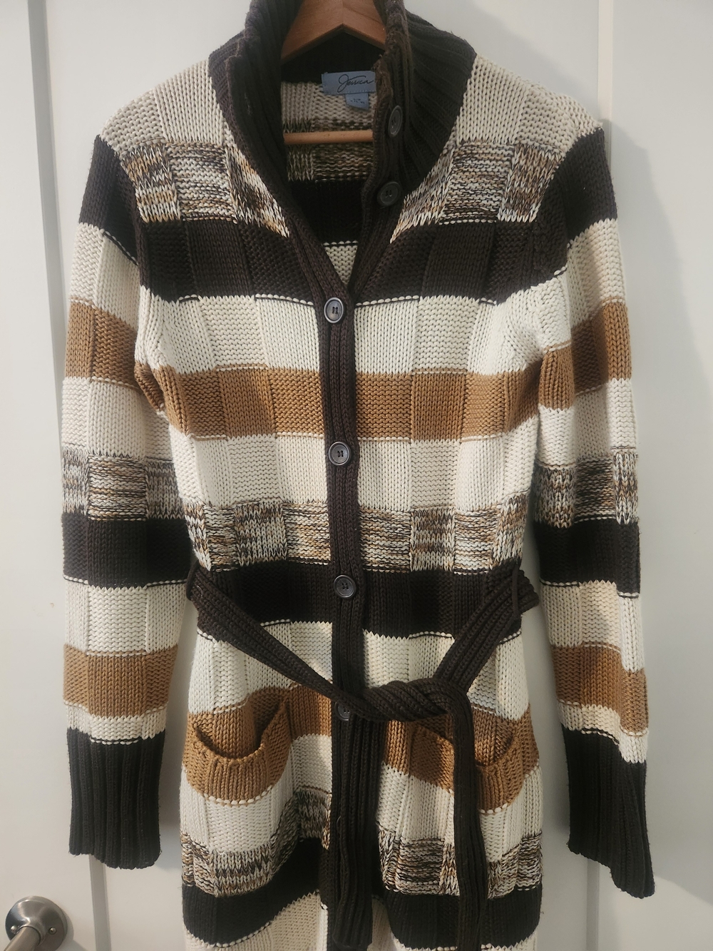 Jessica Brown White Camel Striped Shawl-Collar Belted Cardigan